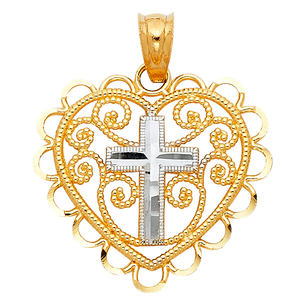 14k Two-tone Gold Filigree Heart with Lace Trim and White Diamond-cut Cross Center, 18mm x 20mm