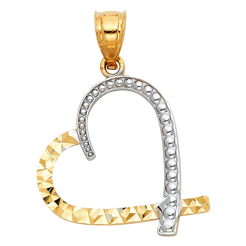 14k Two-tone Gold Heart Shaped Charm Pendant with Beaded and Diamond-cut Accents (20mm x 20mm)