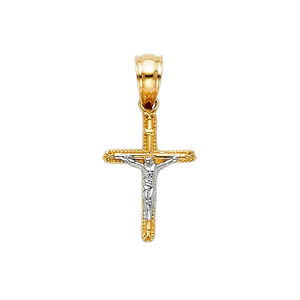 14K Two-tone Gold Small/Mini Religious Tiny Crucifix Charm Pendant (15mm x 10mm)