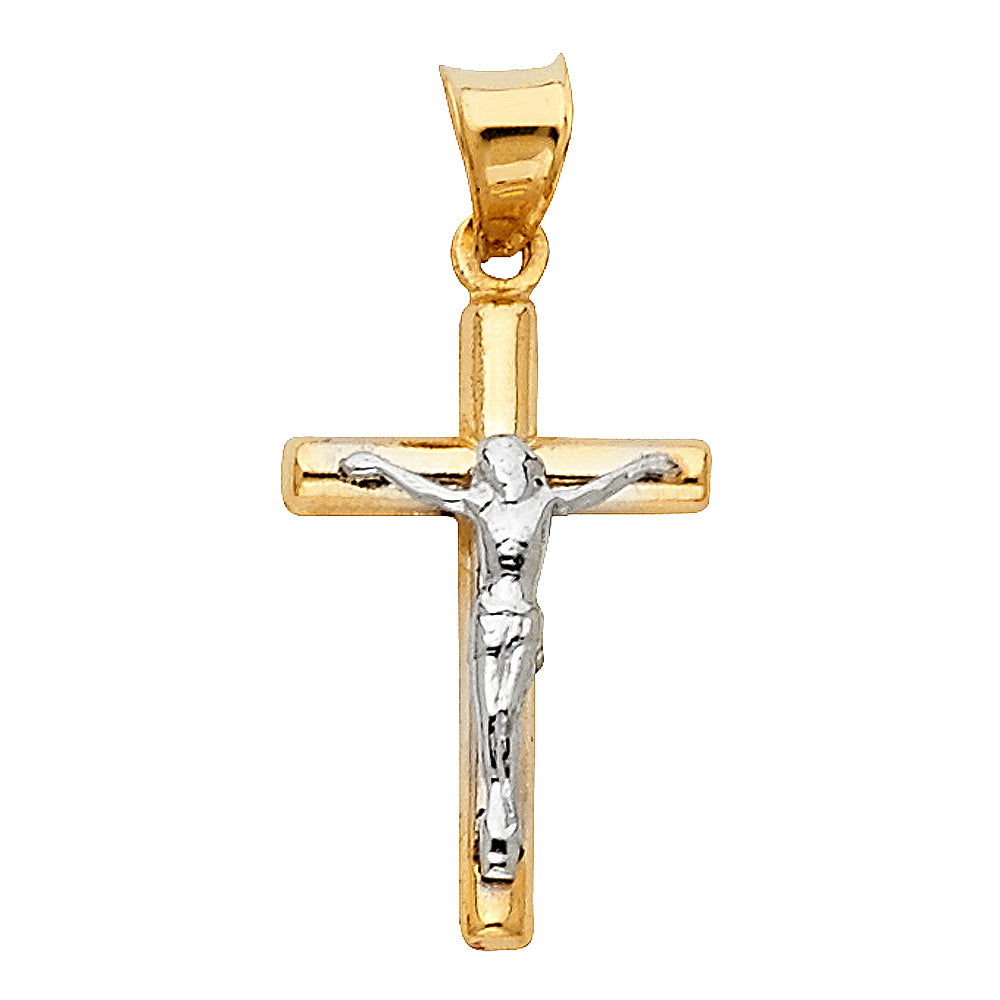 14K Two-tone Gold Small/Mini Religious Hollow Round Tubular Crucifix (20mm x 12mm)