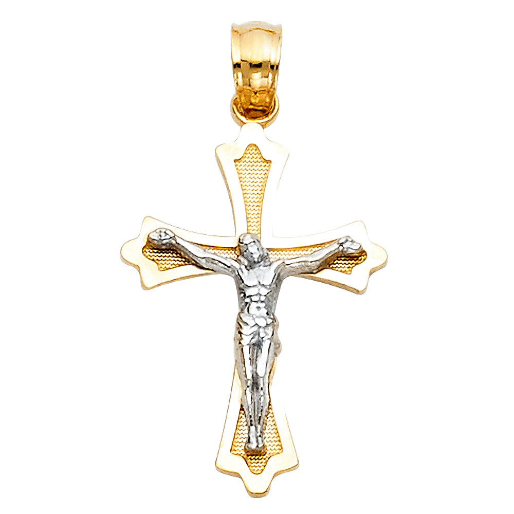 14K Two-tone Gold Small/Mini Religious Budded Cross Crucifix (23mm x 15mm)