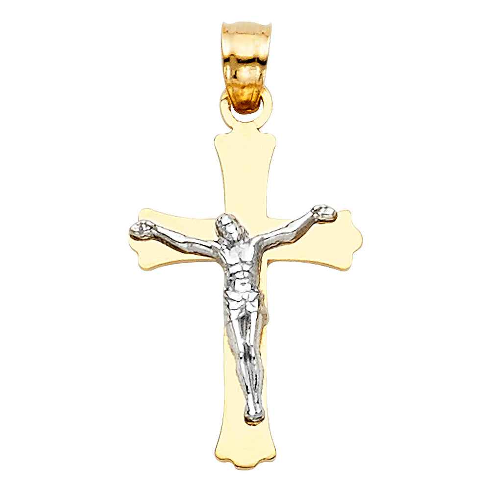 14K Two-tone Gold Small/Mini Religious Budded Cross Crucifix (23mm x 14mm)