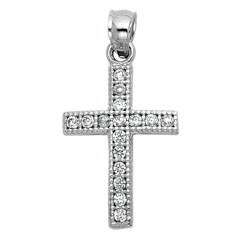 14k White Gold Mini Religious Cross Accented with White CZ Stones Charm Pendant, 18mm x 15mm