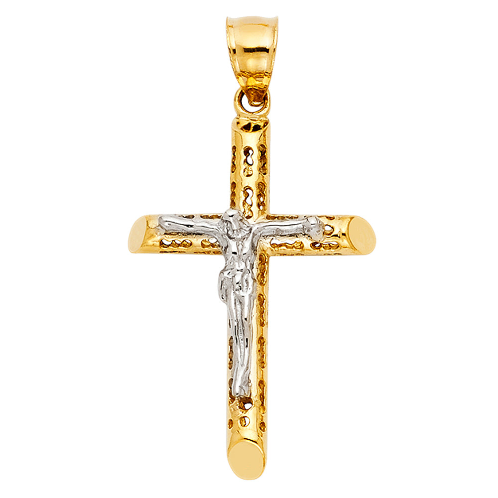 14K Two-tone Gold Religious Cut-Out Crucifix Charm Pendant (34mm x 21mm)