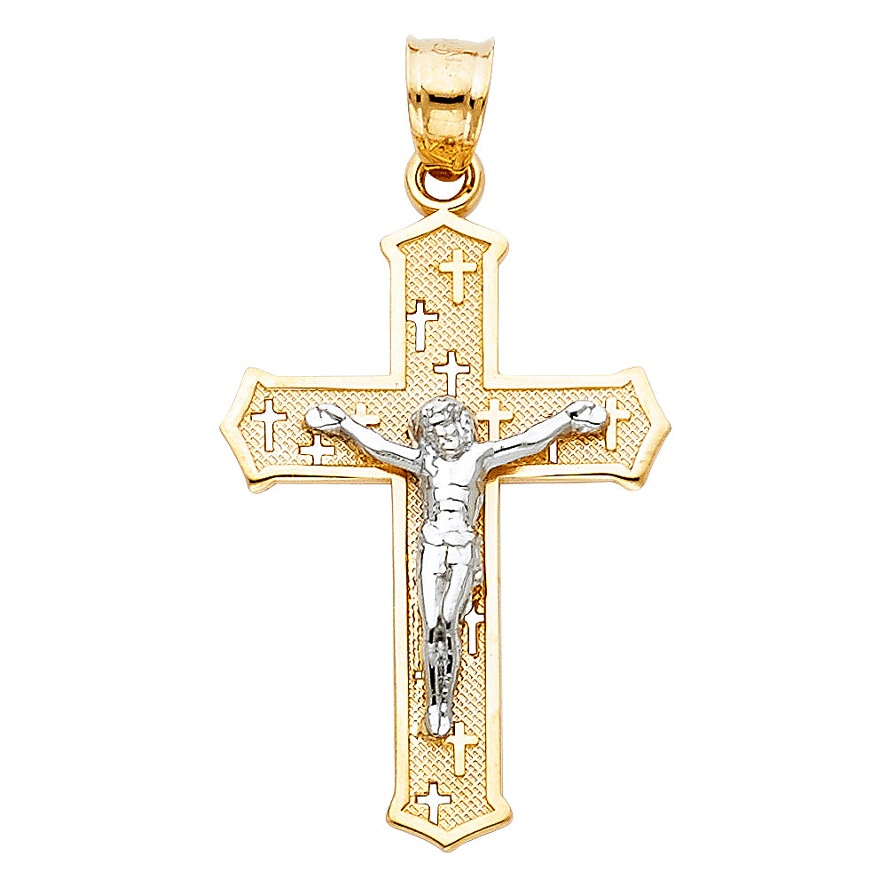 14K Two-tone Gold Religious Passion Cross Crucifix (30mm x 19mm)