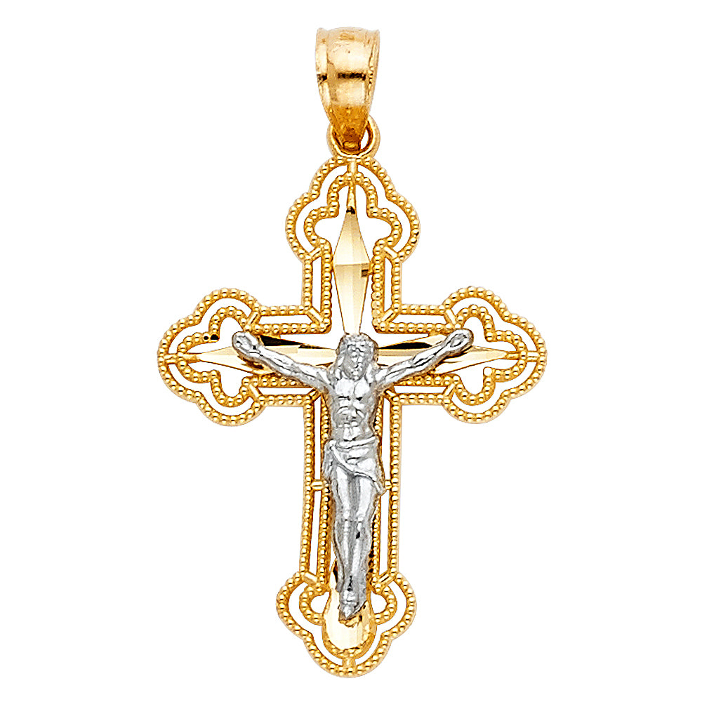 14K Two-tone Gold Small/Mini Religious Budded Cut-Out Crucifix (36mm x 18mm)