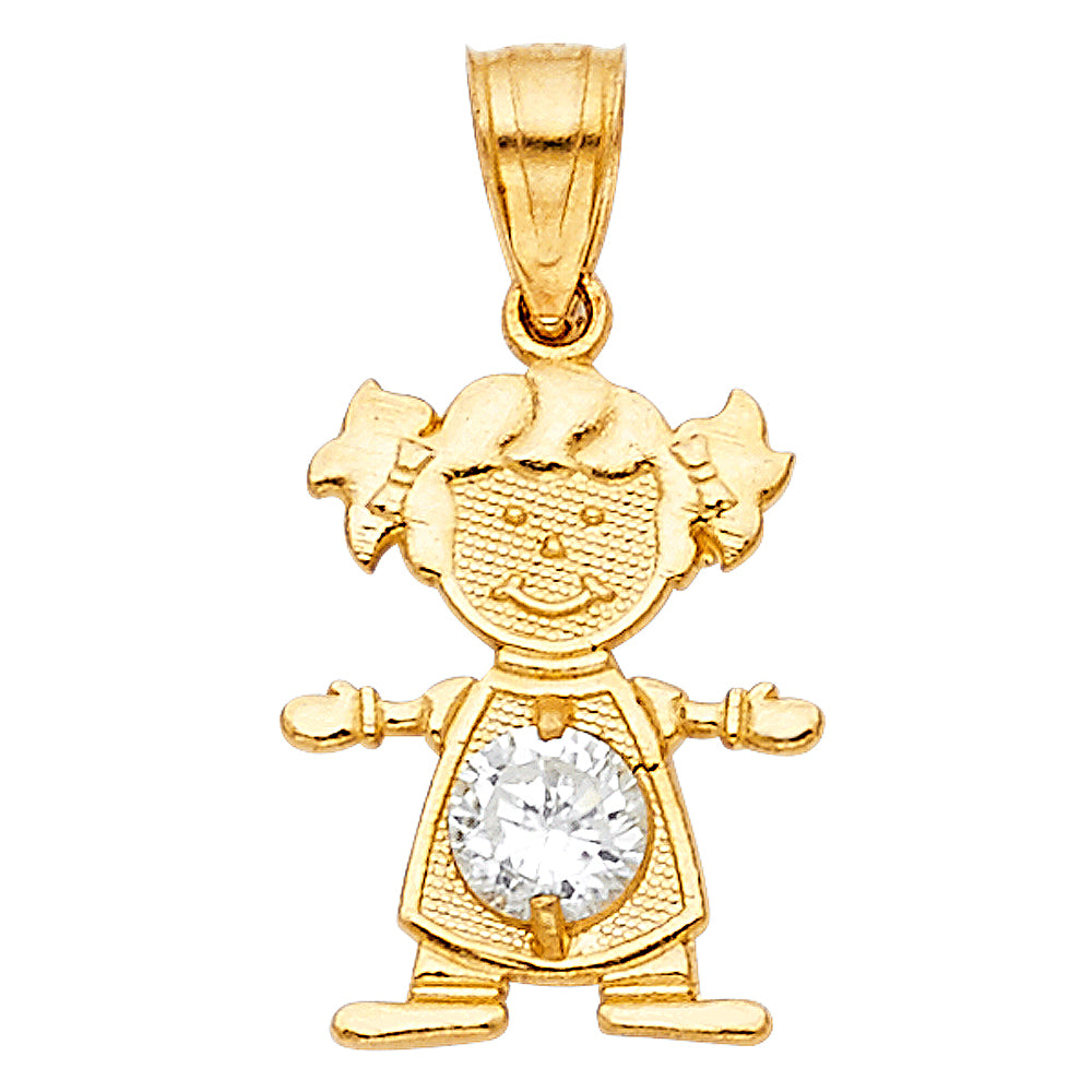 14k Yellow Gold Small/Mini Little Girl with White CZ Stone for April Birthday (17mm x 12mm)