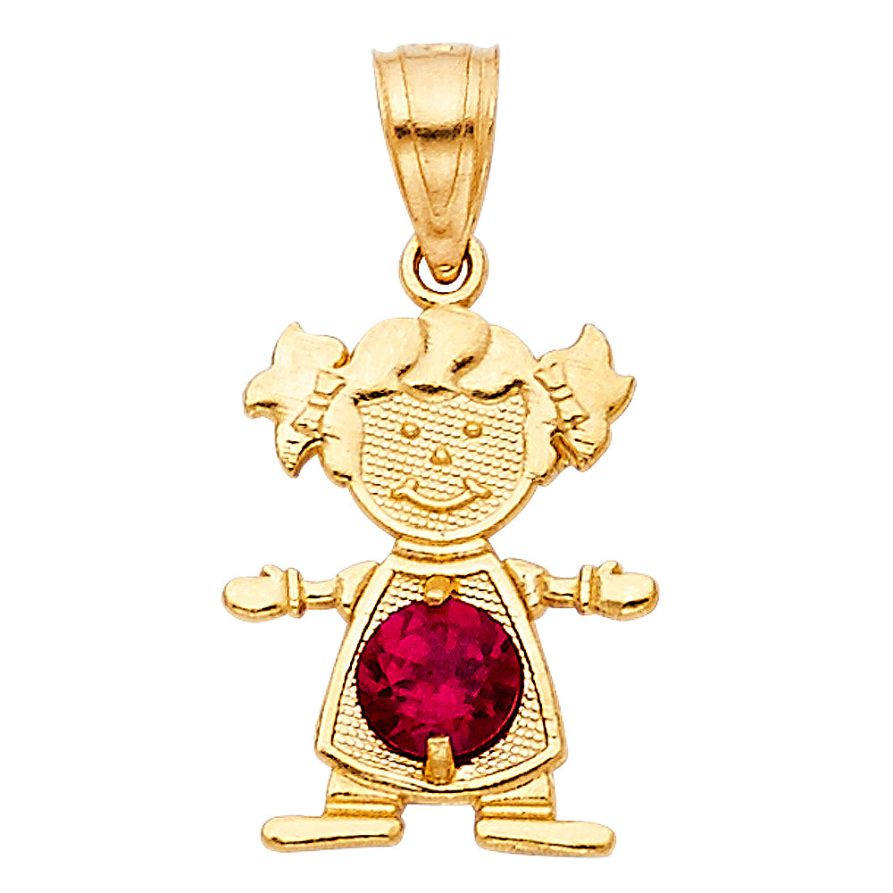 14k Yellow Gold Small/Mini Little Girl with Red CZ Stone for July Birthday (17mm x 12mm)