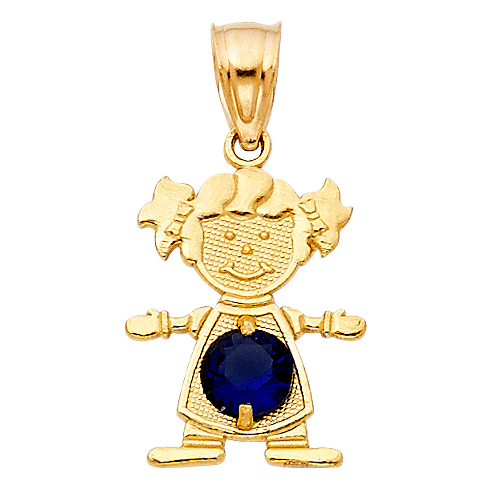 14k Yellow Gold Small/Mini Little Girl with Black CZ Stone for September Birthday (17mm x 12mm)
