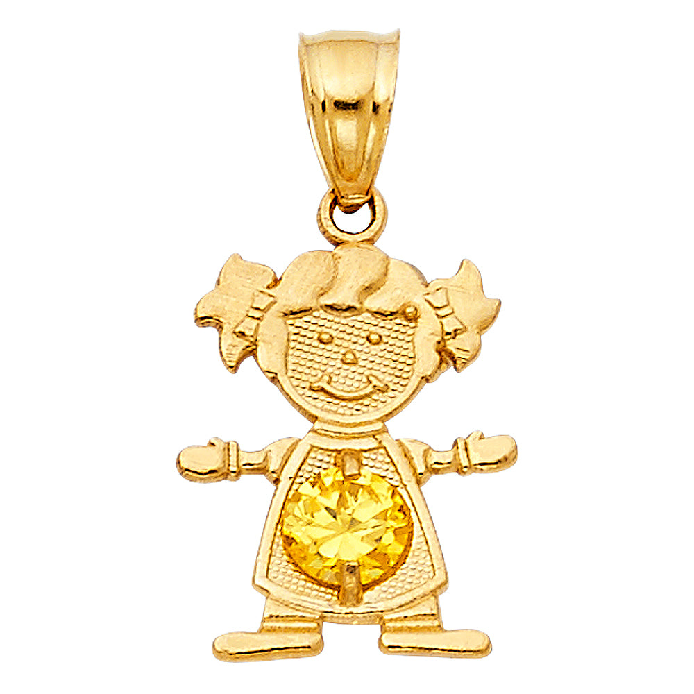14k Yellow Gold Small/Mini Little Girl with Yellow CZ Stone November Birthday (17mm x 12mm)