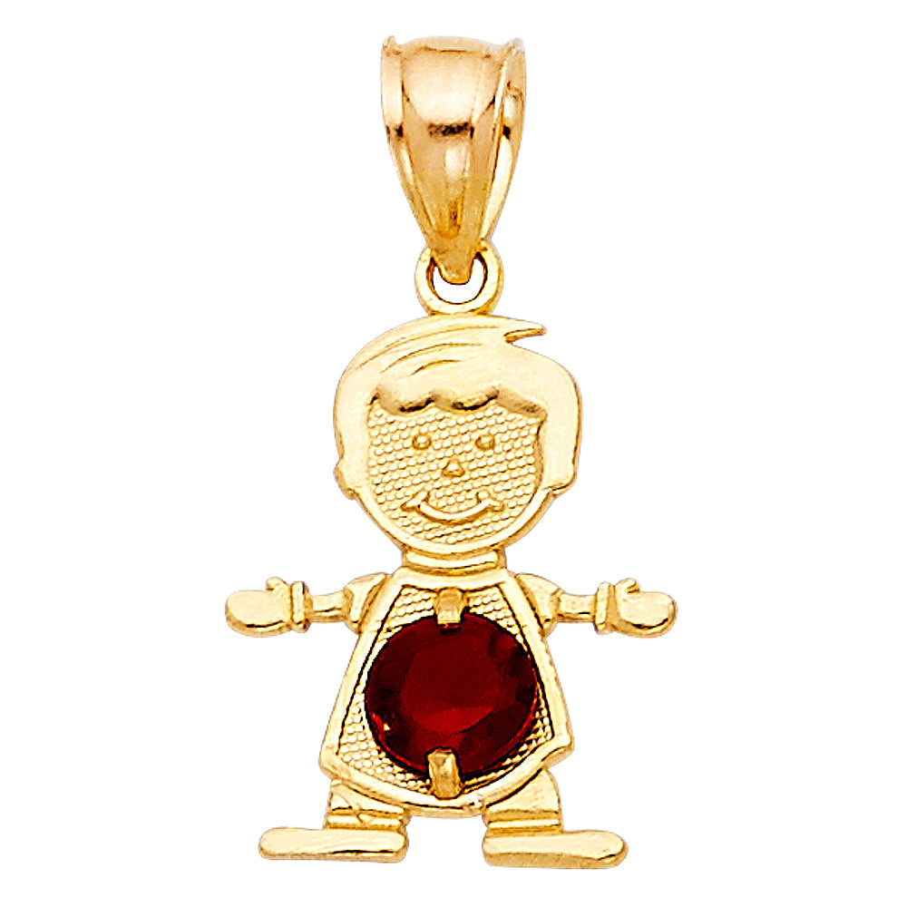 14k Yellow Gold Small/Mini Little Boy with Red CZ Stone for January Birthday (17mm x 12mm)