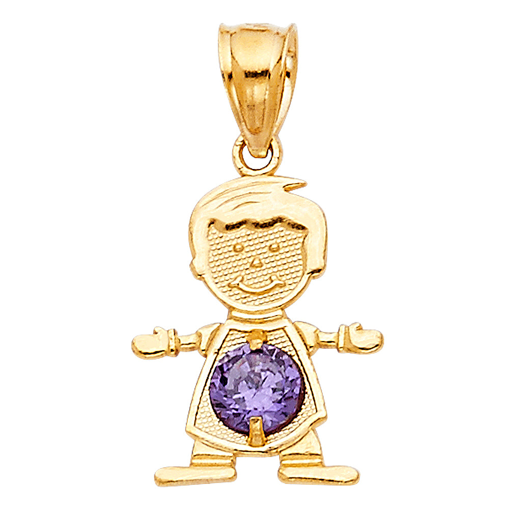 14k Yellow Gold Small/Mini Little Boy with Purple CZ Stone for February Birthday (17mm x 12mm)