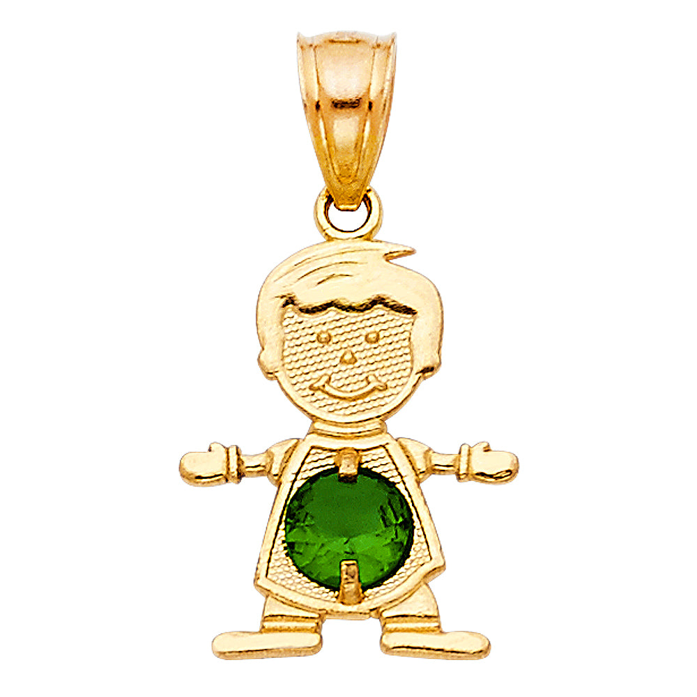 14k Yellow Gold Small/Mini Little Boy with Green CZ Stone for May Birthday (17mm x 12mm)