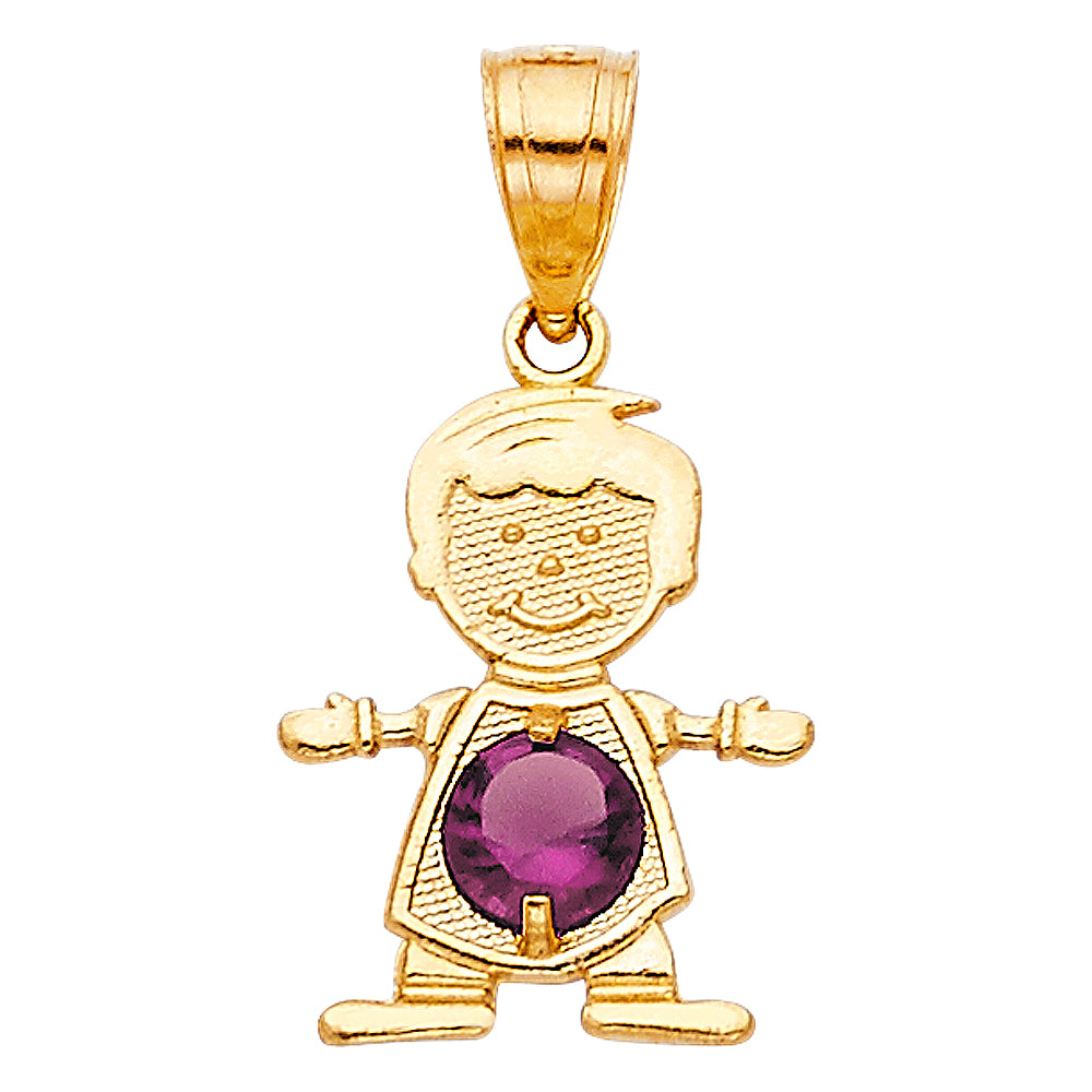 14k Yellow Gold Small/Mini Little Boy with Violet CZ Stone for June Birthday (17mm x 12mm)
