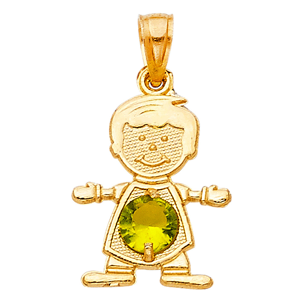 14k Yellow Gold Small/Mini Little Boy with Green CZ Stone for August Birthday (17mm x 12mm)