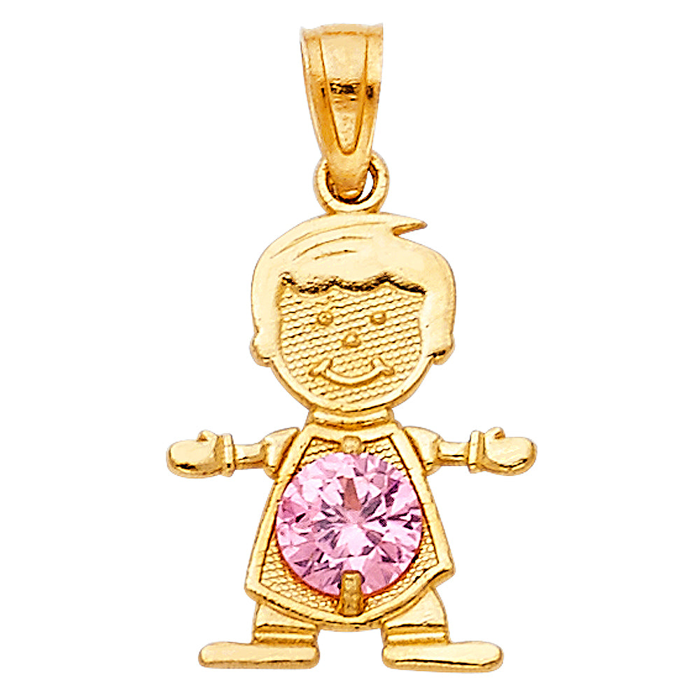 14k Yellow Gold Small/Mini Little Boy with Pink CZ Stone for October Birthday (17mm x 12mm)