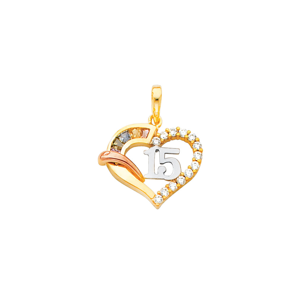 14k Tri-color Gold Mini Heart Charm with Multi-color CZ Accented, White 15 Years Heart Charm Pendant, 15mm x 17mm