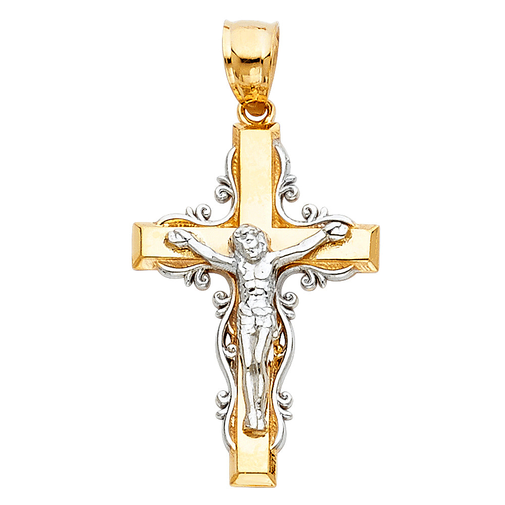 14K Two-tone Gold Religious Fancy Design Crucifix (28mm x 18mm)
