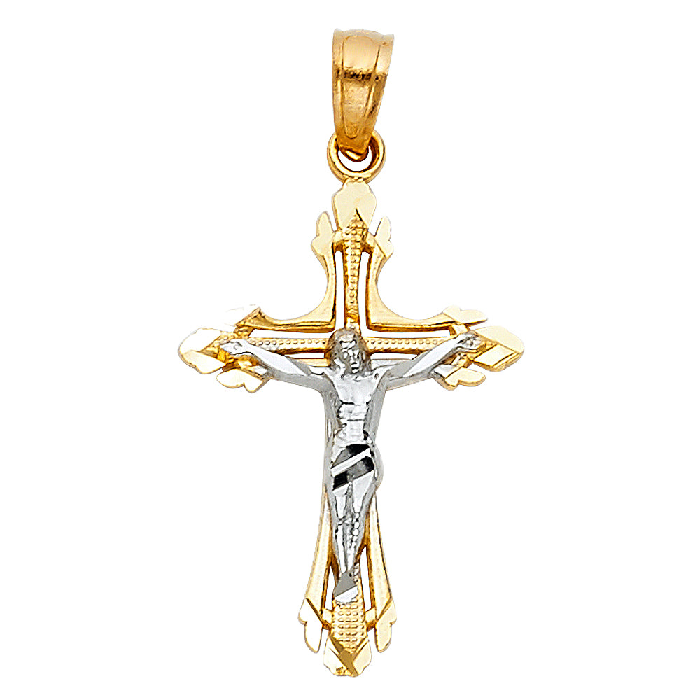 14K Two-tone Gold Small/Mini Religious Cut-Out Design Crucifix (25mm x 16mm)