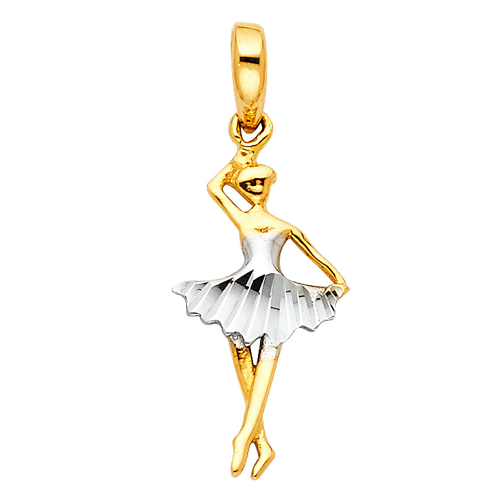 14k Two-tone Gold Ballerina Dancer Charm Pendant with White Rhodium Dimond-cut Dress Tutu (18mm x 10mm)