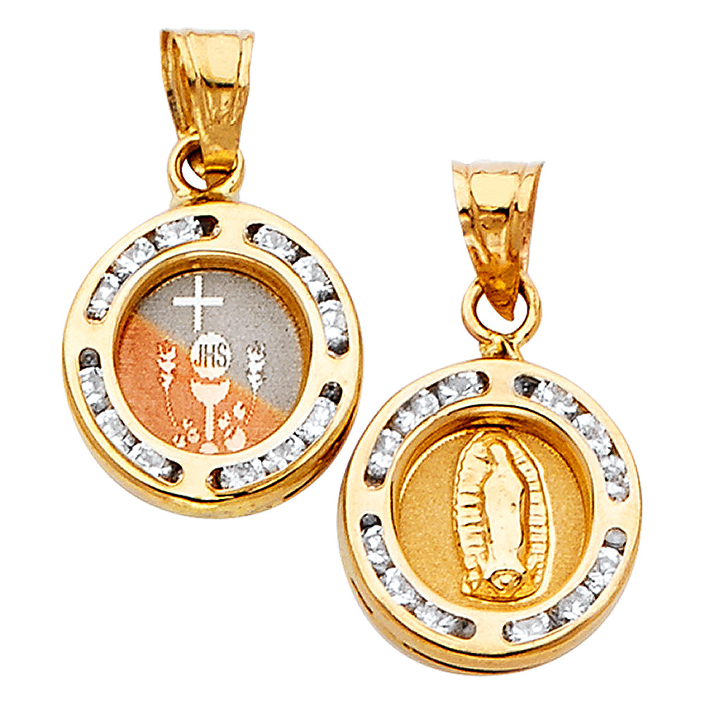 14k Tri-color Gold Religious Double Sided Circle Charm Pendant, Communion and Virgin Mary, CZ Channel Set Accent (12mm x 12mm)