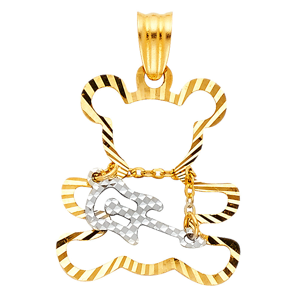 14K Two-tone Gold Small Diamond-Cut Teddy Bear with White Guitar and Chain Strap Charm Pendant (20mm x 15mm)