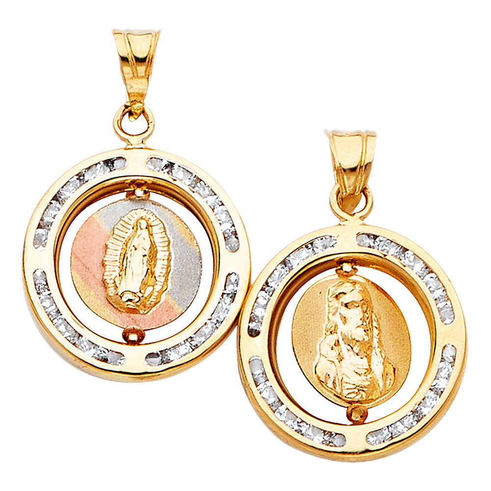 14K Tri-Color Gold 2 Side Religious Charm Pendant, Virgin Mary and Jesus Channel Set CZ Boarder (15mm x 15mm)