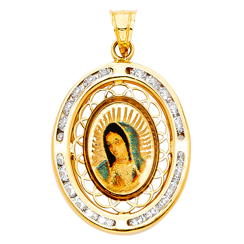 14k Yellow Gold Religious Virgin Mary Picture with Channel Set White CZ Oval Boarder Charm Pendant (20mm x 15mm)