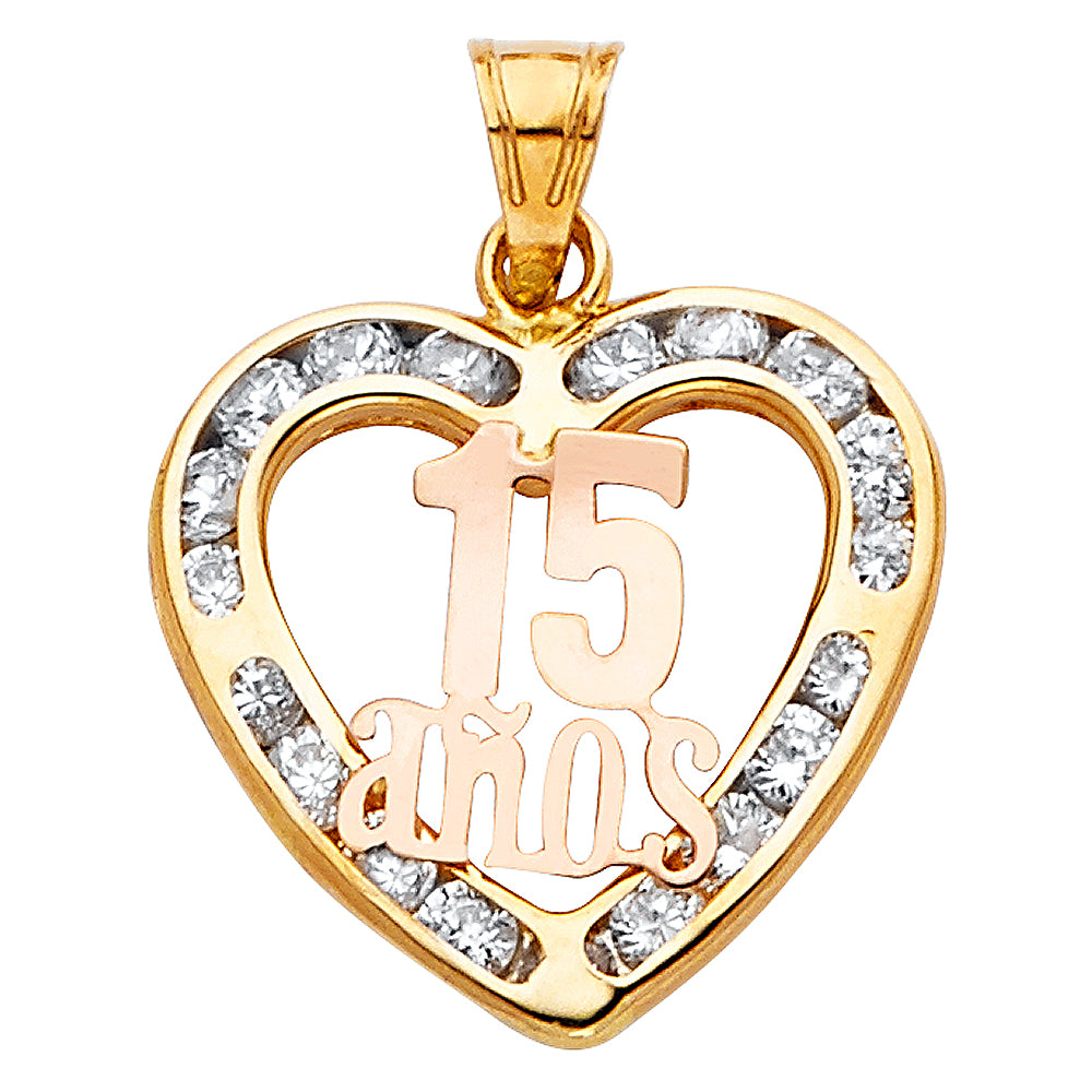 14K Two-tone Gold Small/Mini Heart with Channel Set White CZ Boarder, 15 Anos Center Charm Pendant (15mm x 15mm)