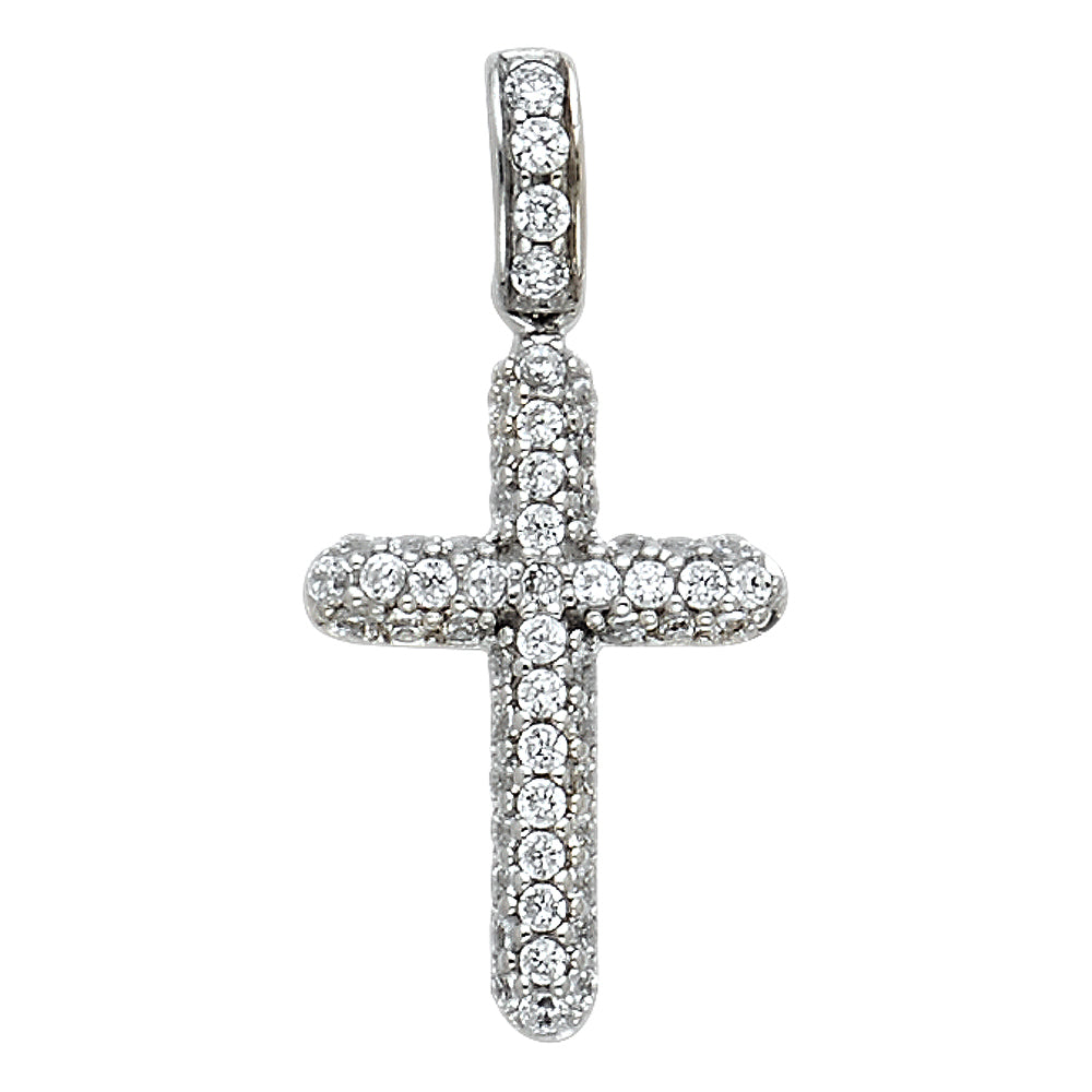 14k White Gold Cross with Paved White CZ Stones on Cross and Bail Charm Pendant (15mm x 10mm)