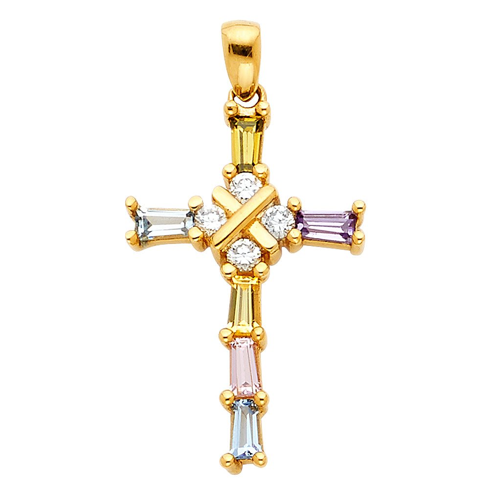 14k Yellow Gold Religious Cross Accented with White Round and Multi-colored CZ Stones Charm Pendant (20mm x 12mm)