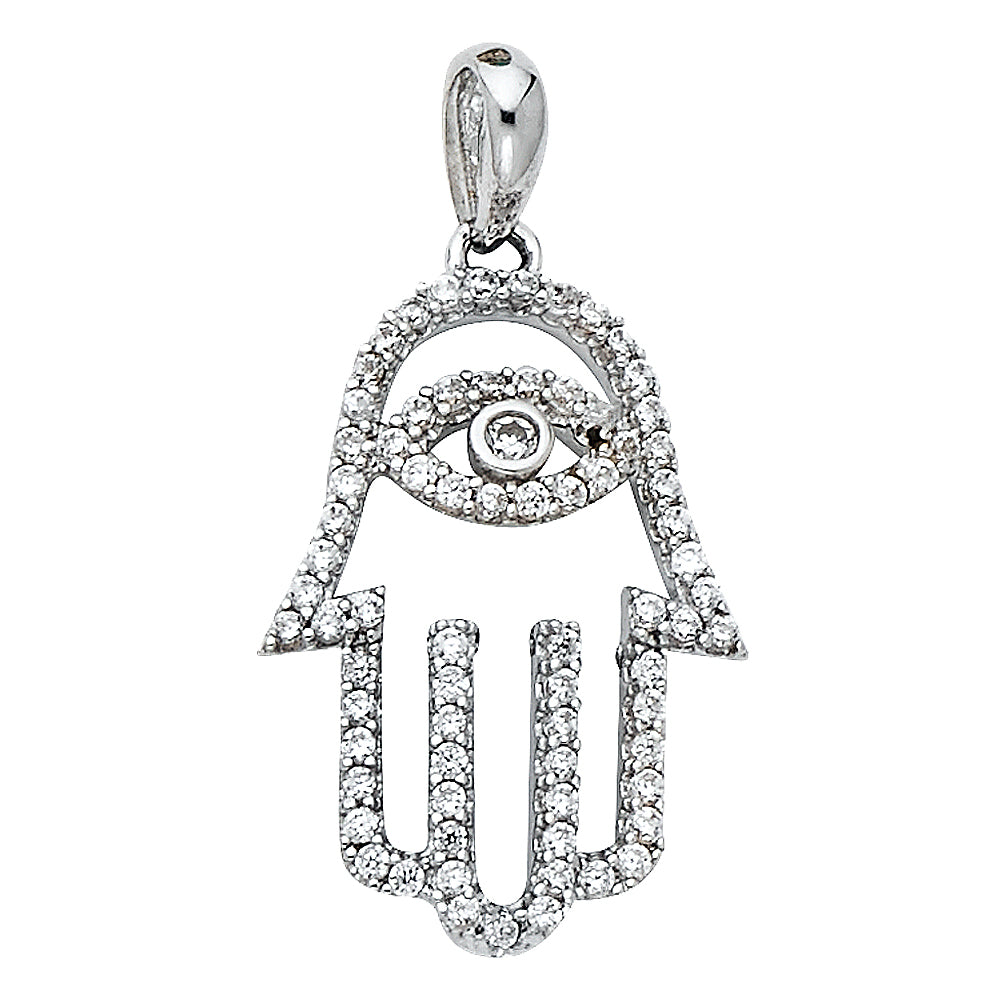 14k White Gold Hamsa Hand Accented with White CZ Stones Charm Pendant (20mm x 13mm)
