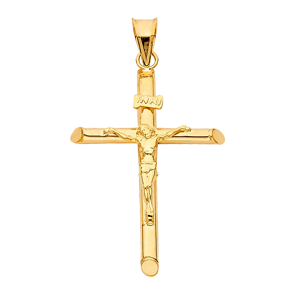 14k Yellow Gold Religious Tubular Cross Crucifix Charm Pendant, High Polish (35 x 23mm)