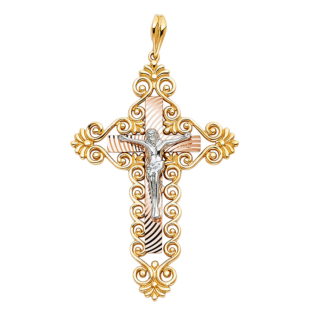 14K Tri-color Gold Religious Fancy Crucifix with Scroll Frame, Rose Cross and White Jesus Charm Pendant (45mm x 31mm)