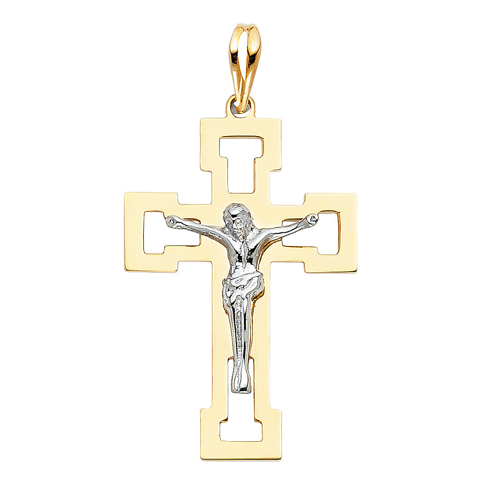 14K Two-tone Gold Religious Crucifix with White Jesus on Cut-out Cross Charm Pendant (30mm x 21mm)