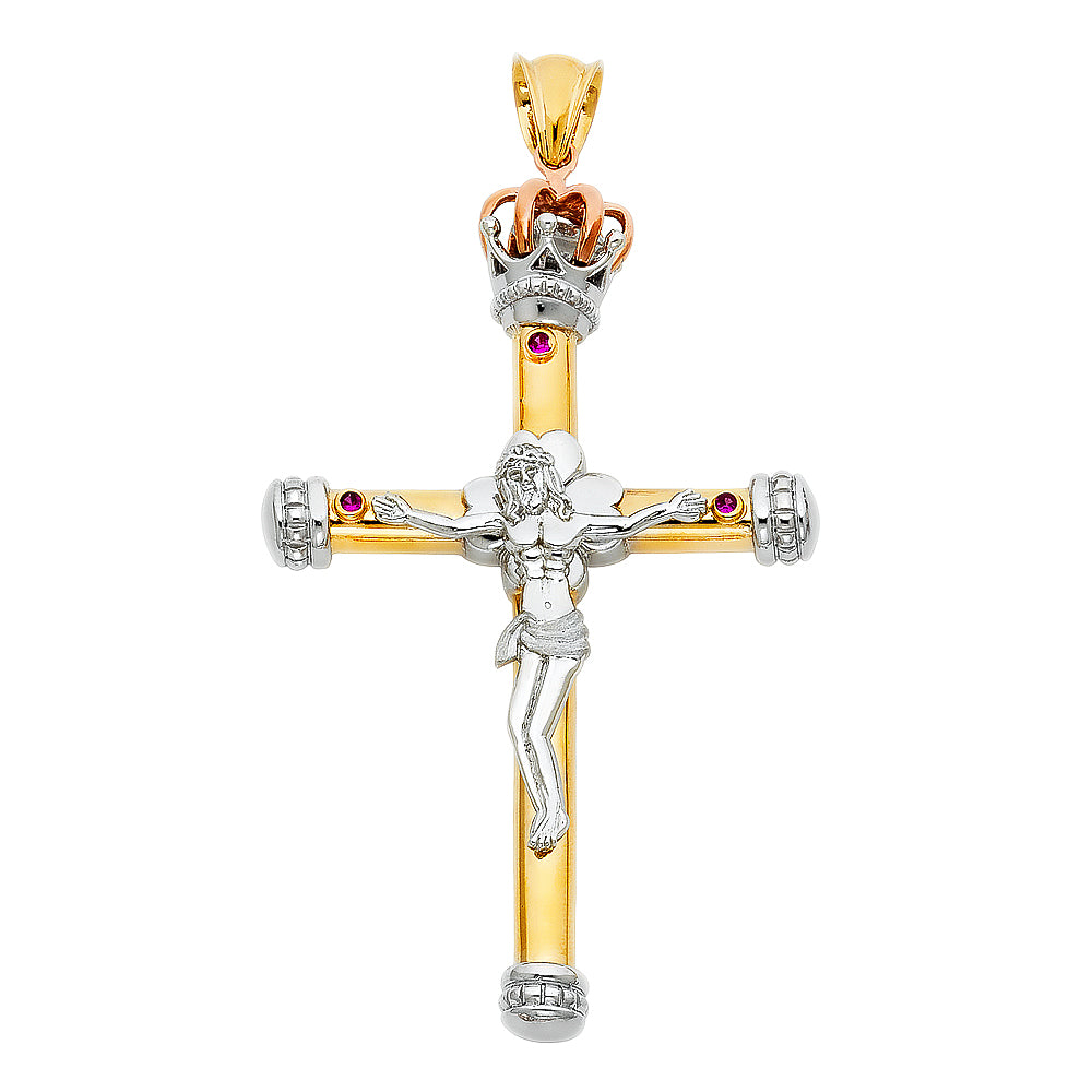 14K Tri-color Gold Large Religious Fancy Crucifix Charm Pendant (72mm x 47mm)