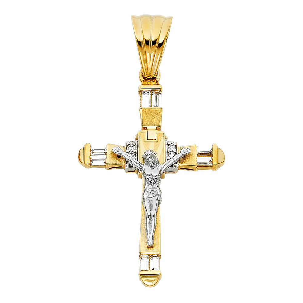 14K Two-Tone Gold Large Religious CZ Fancy Crucifix Charm Pendant (45mm x 32mm)