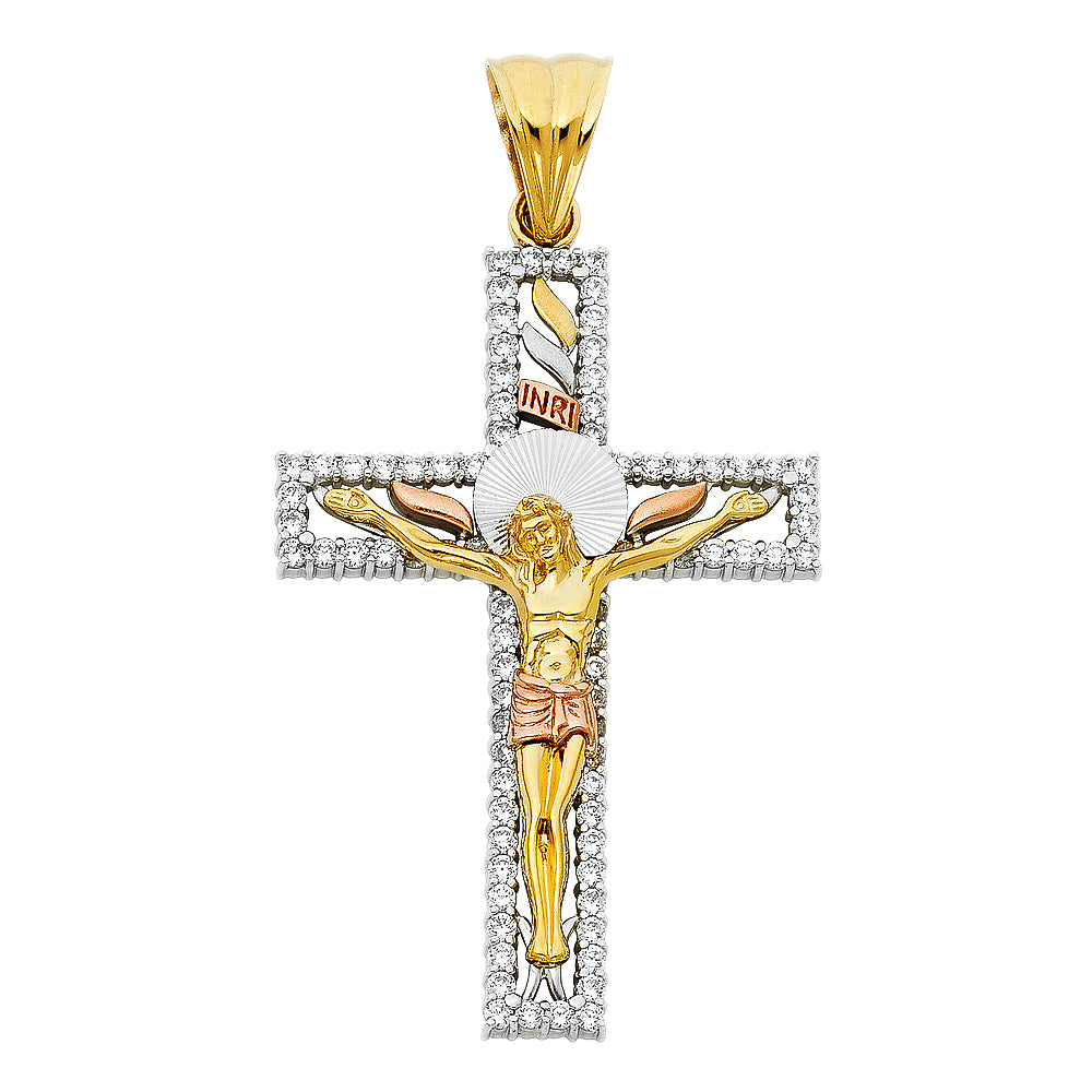 14K Tri-color Gold Large Religious CZ Fancy Crucifix Charm Pendant (67mm x 41mm)