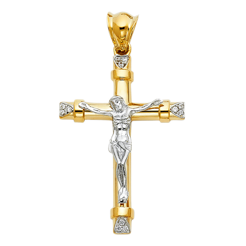 14K Two-Tone Gold Large Religious CZ Fancy Crucifix Charm Pendant (44mm x 30mm)