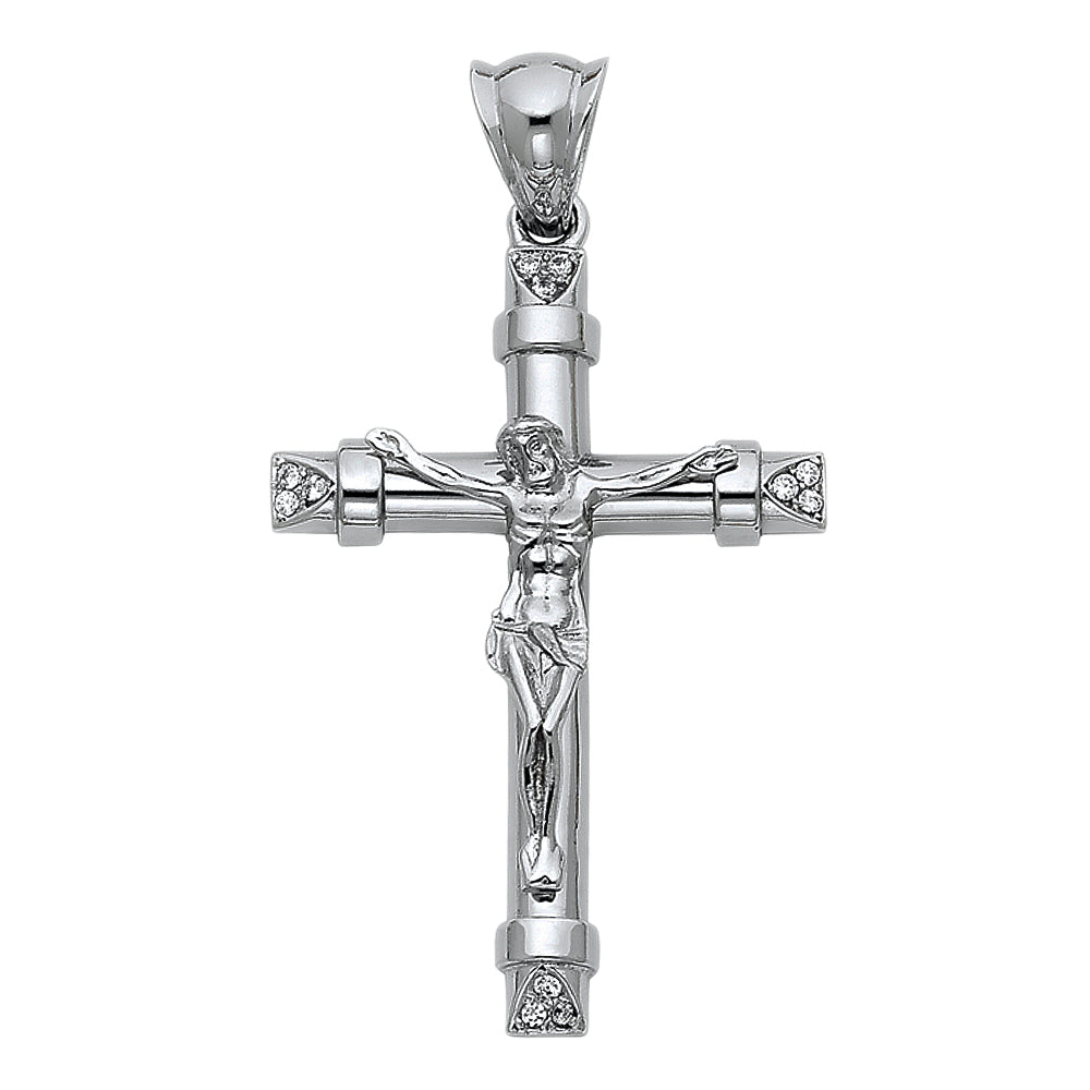 14k White Gold Large Religious CZ Fancy Crucifix Charm Pendant (44mm x 30mm)