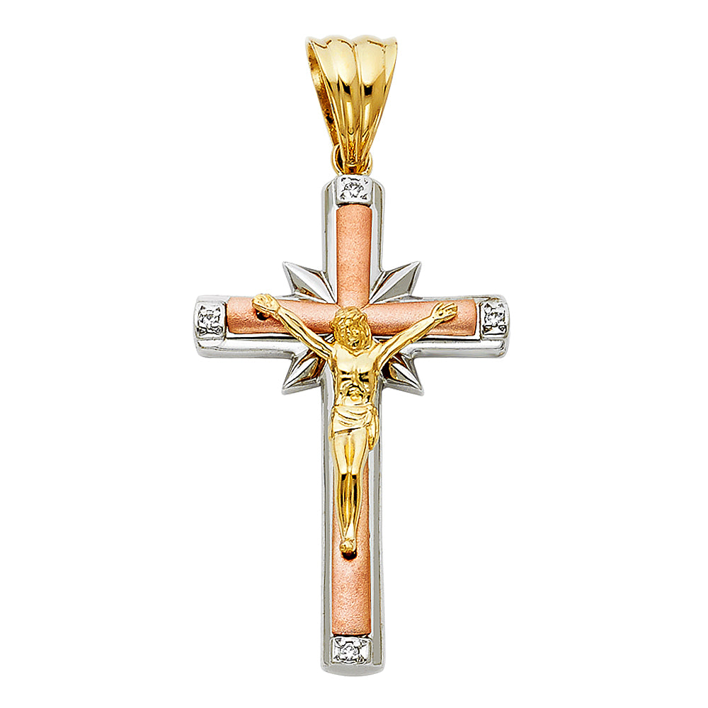 14K Tri-color Gold Large Religious CZ Fancy Crucifix Charm Pendant (42mm x 26mm)