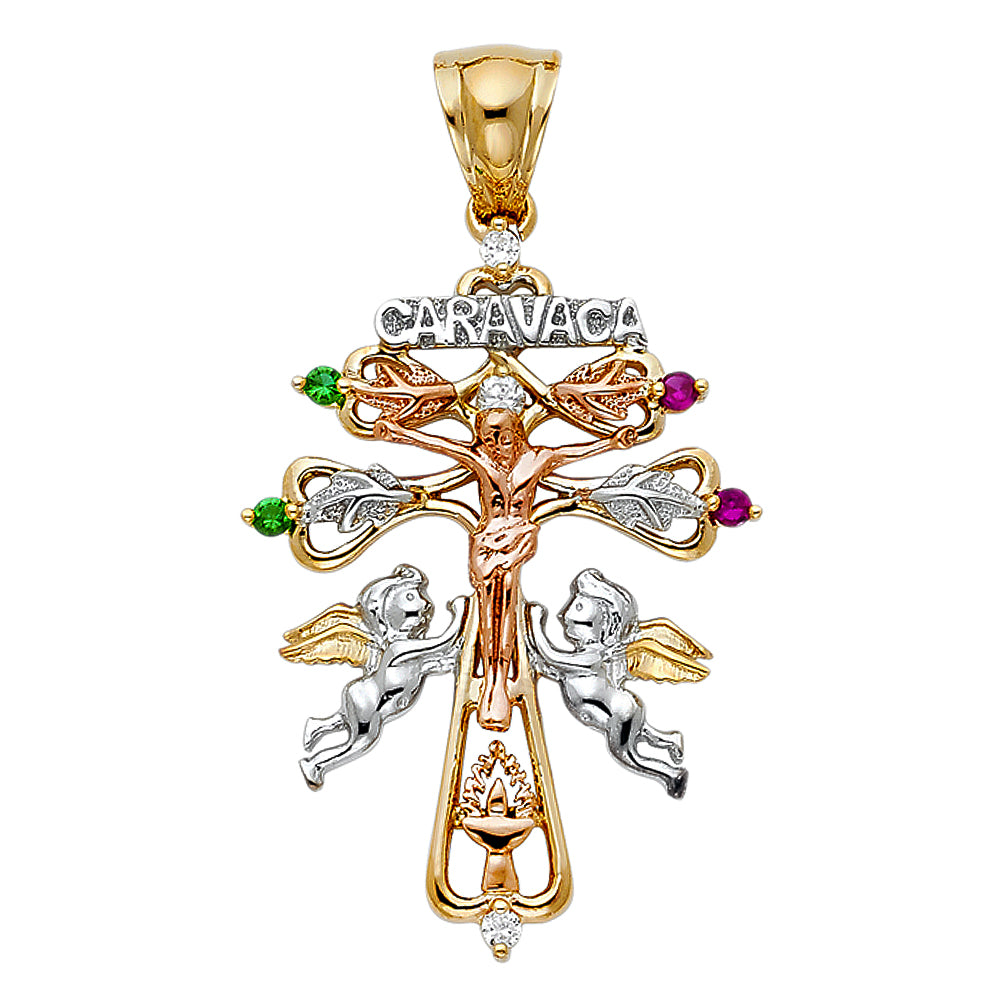 14K Tri-color Gold Large Religious CZ Cross Of Caravaca Charm Pendant (40mm x 28mm)
