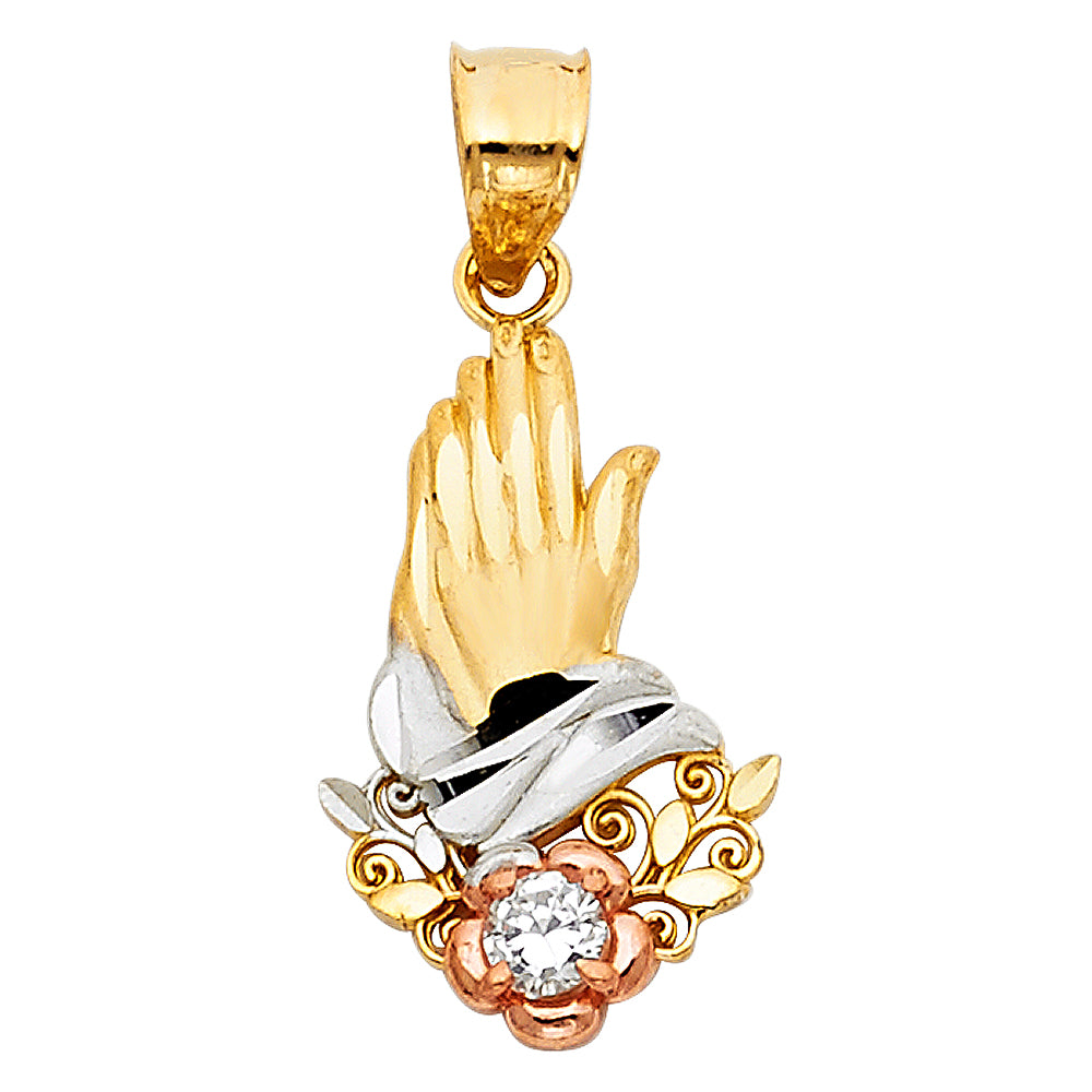 14K Tri-Color Gold with White CZ Accented Praying Hands Charm Pendant (23mm x 13mm)