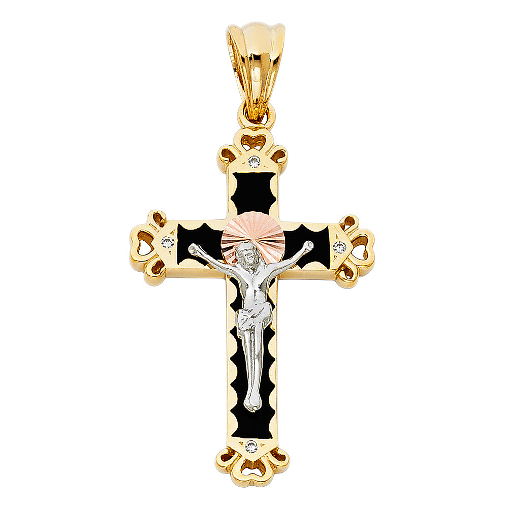 14K Tri-color Gold Large Religious CZ Crucifix Charm Pendant (37mm x 25mm)