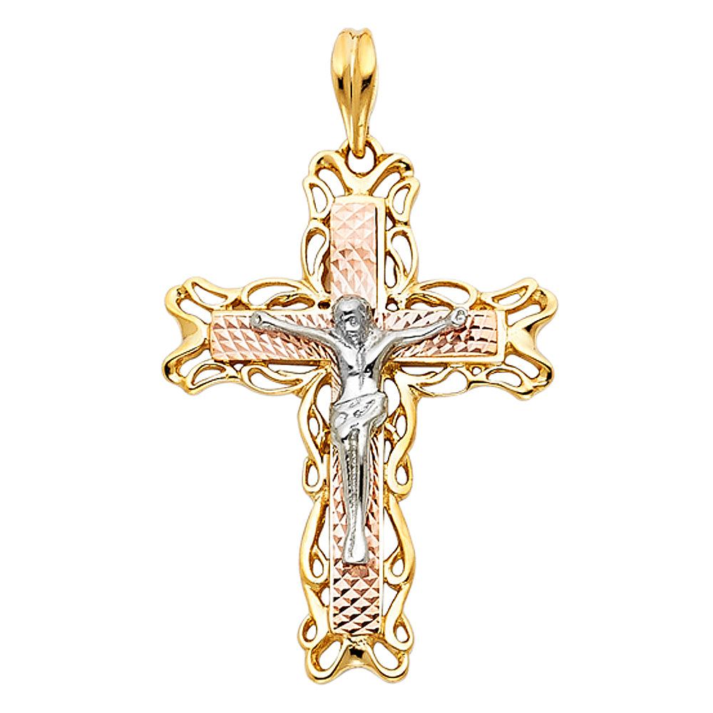 14K Tri-color Gold Religious Fancy Crucifix Charm Pendant (33mm x 24mm)