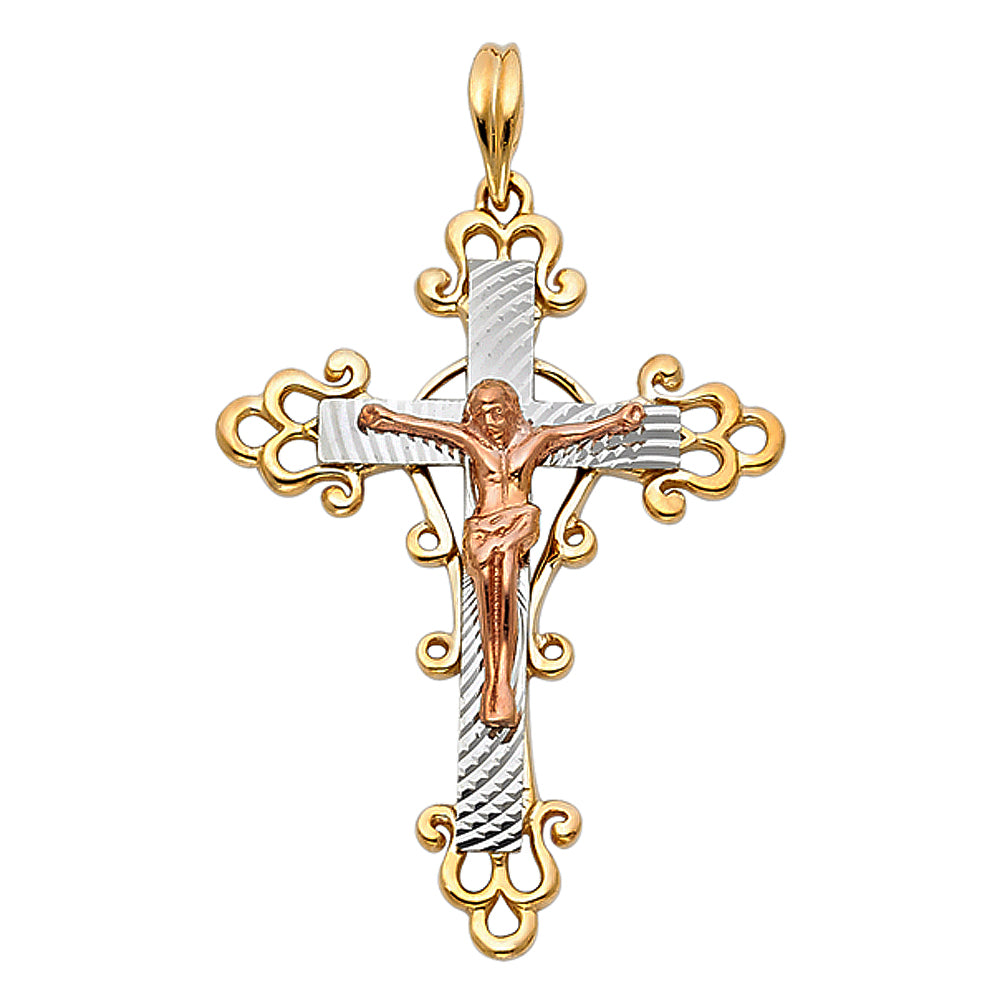 14K Tri-color Gold Religious Fancy Crucifix Charm Pendant (36mm x 27mm)