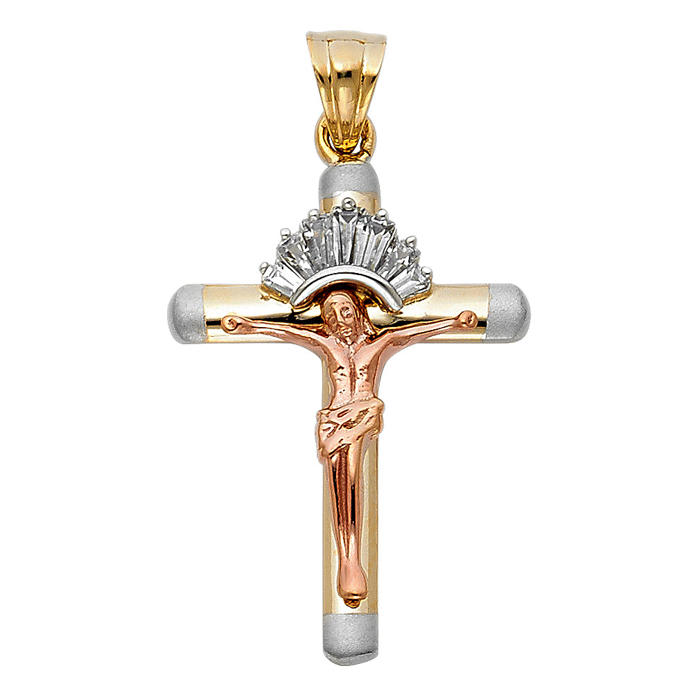 14K Tri-color Gold Religious CZ Fancy Crucifix Charm Pendant (24mm x 20mm)