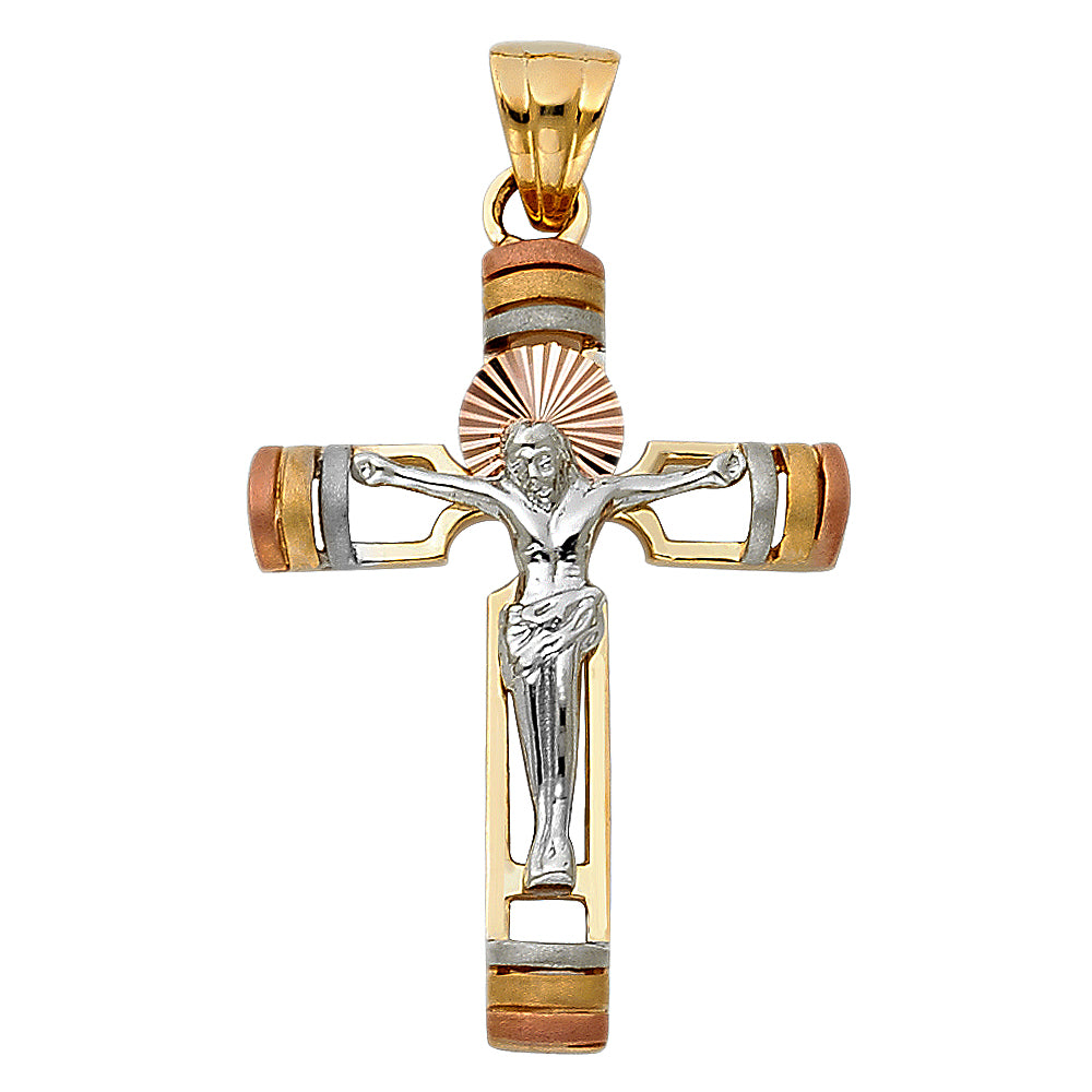 14K Tri-color Gold Religious Fancy Crucifix Charm Pendant (30mm x 22mm)