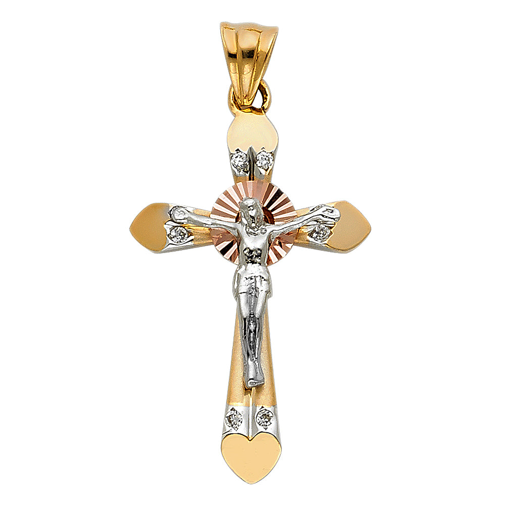 14K Tri-color Gold Religious CZ Crucifix Charm Pendant (30mm x 19mm)