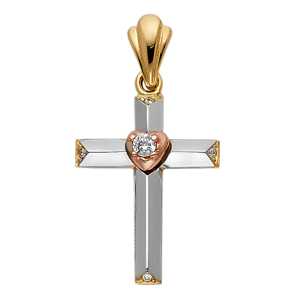 14K Tri-color Gold Religious Cross Charm Pendant (26mm x 19mm)